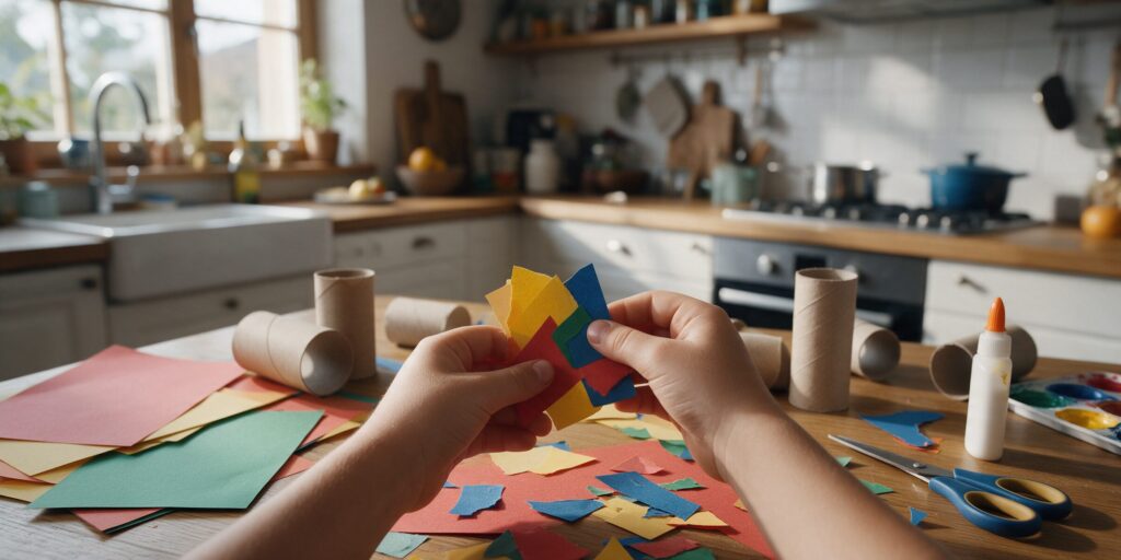 Kinderhände basteln am Holztisch mit buntem Papier, Kartonrollen, Schere und Farbe