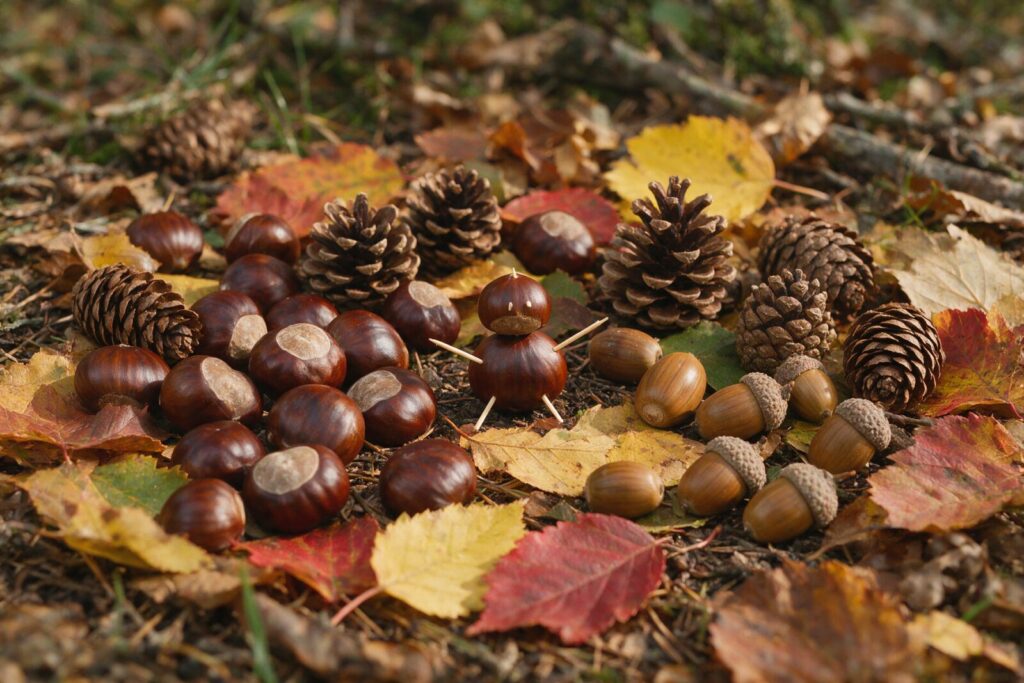 Kastanien, Tannzapfen, Eicheln und Herbstbl&auml;tter auf dem Waldboden, daneben ein Kastanienm&auml;nnchen