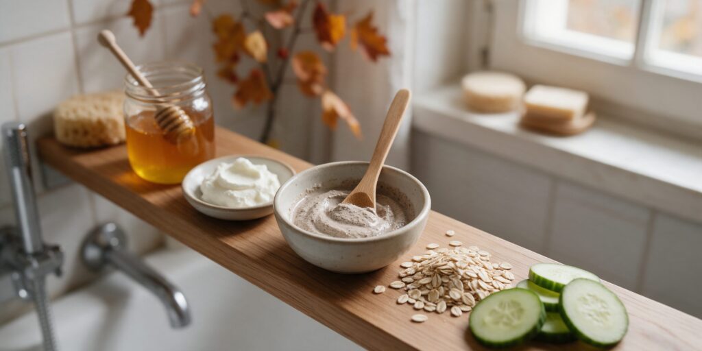 Selbstgemachte Gesichtsmaske in einer Keramikschale mit Honig, Quark, Haferflocken und Gurkenscheiben