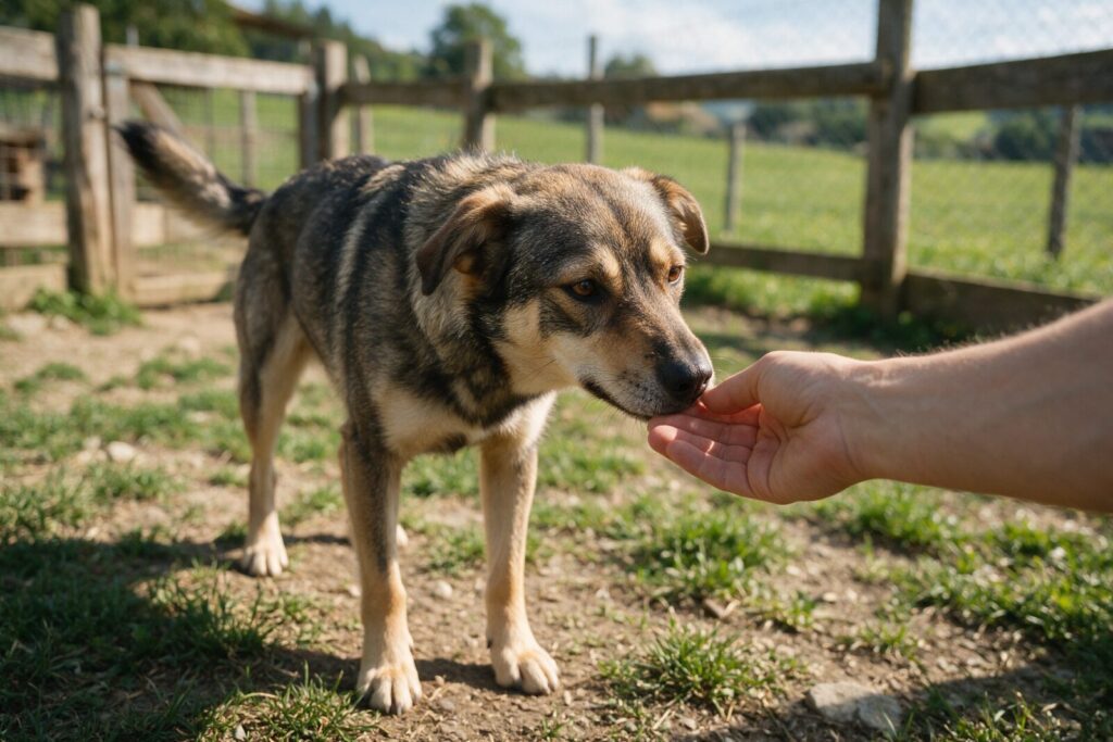 Mischlingshund schnuppert im Auslauf eines Tierheims vorsichtig an einer Hand