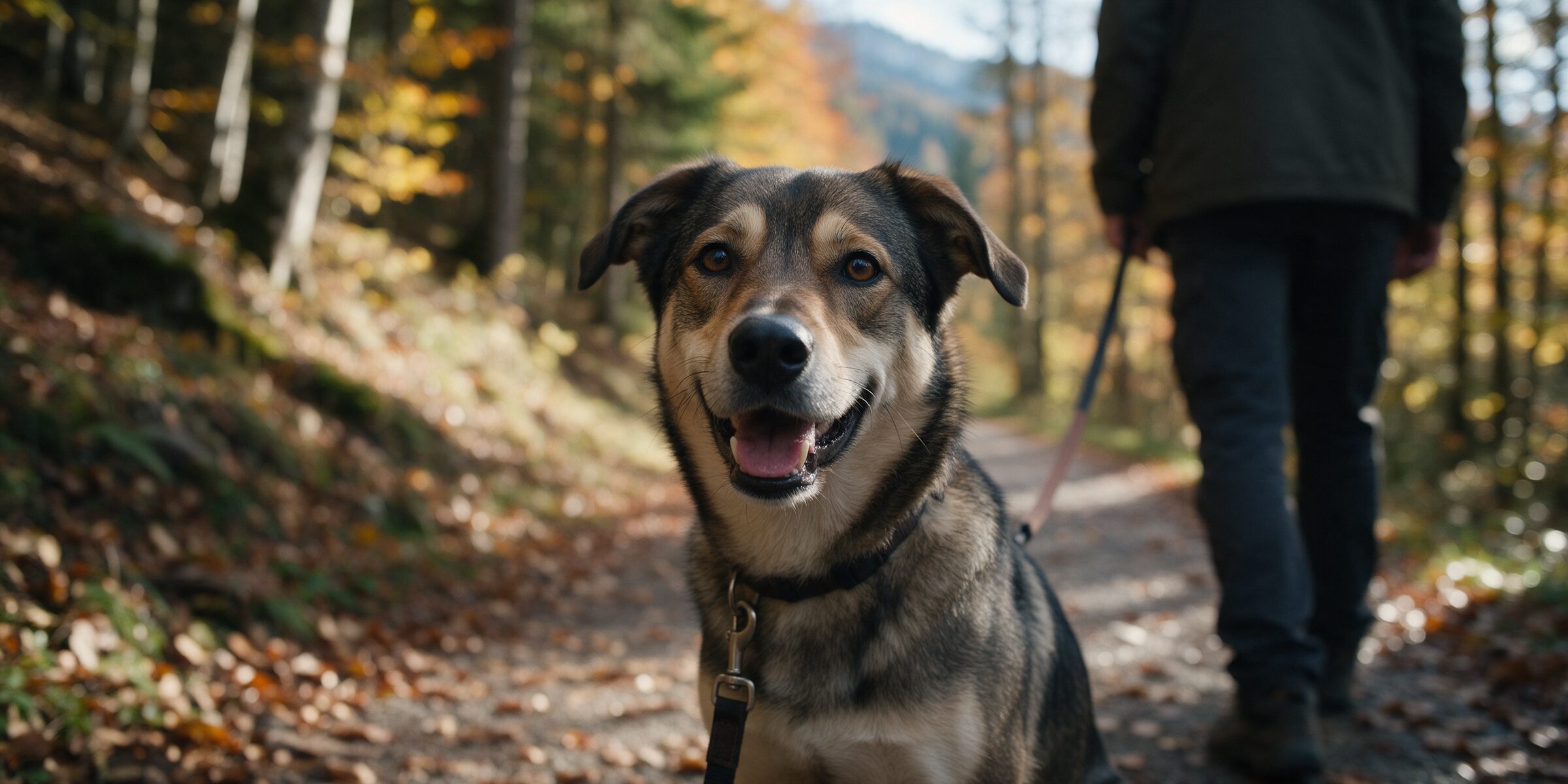 Hund aus dem Tierheim sitzt an der Leine auf einem herbstlichen Waldweg