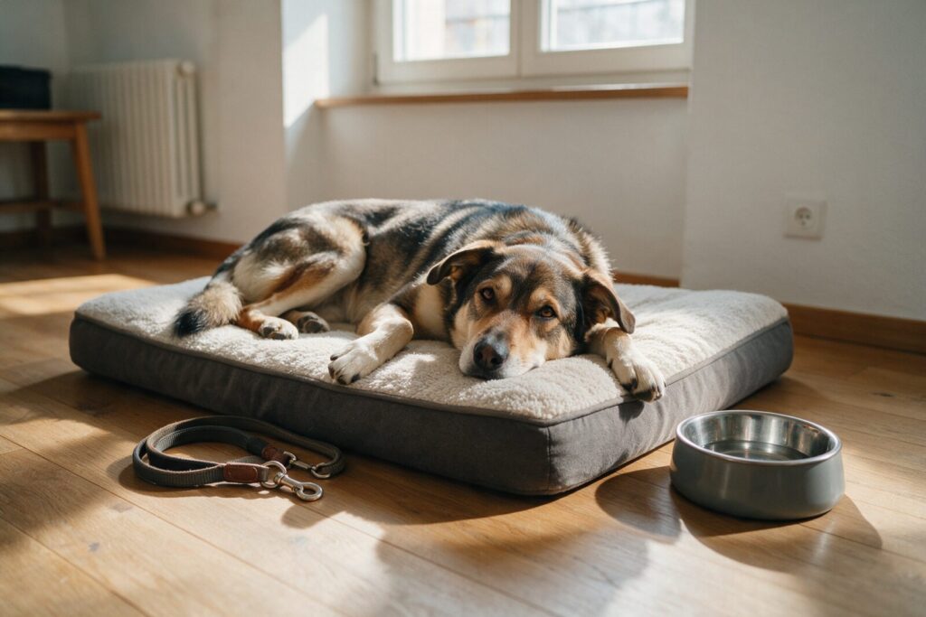 Hund liegt entspannt auf seinem Hundebett in einer hellen Wohnung