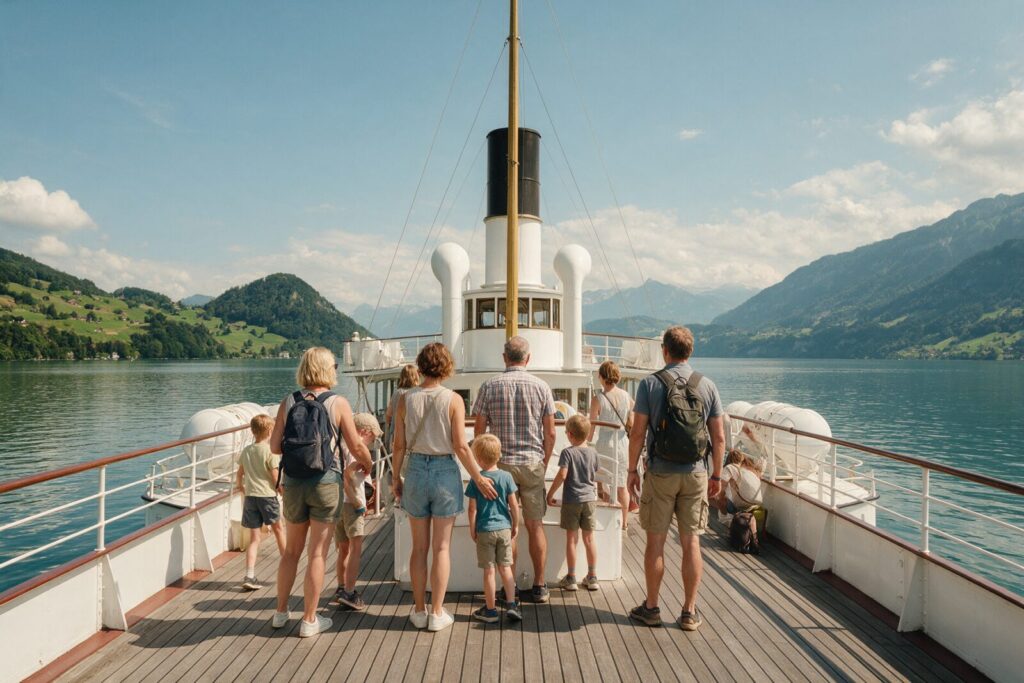 Familie auf dem Oberdeck eines historischen Raddampfers auf einem Schweizer See