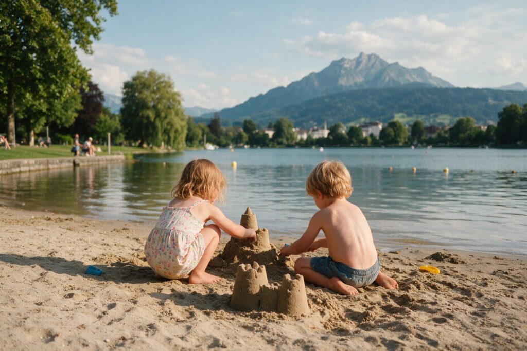 Zwei Kinder bauen eine Sandburg an einem Sandstrand am See