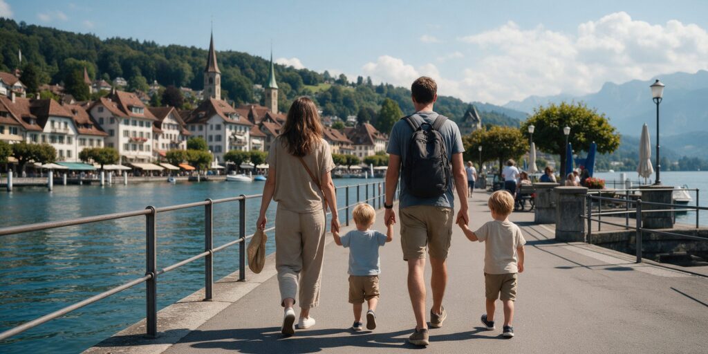 Familie mit zwei Kindern spaziert an einer sonnigen Seepromenade in Luzern