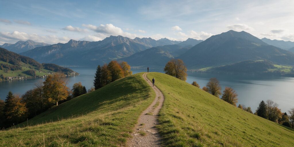 Wanderweg auf einer herbstlichen Anhöhe über einem See, im Hintergrund Berge