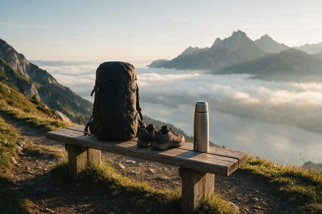 Rucksack, Wanderschuhe und Thermosflasche auf einer Holzbank, dahinter Nebelmeer über dem See