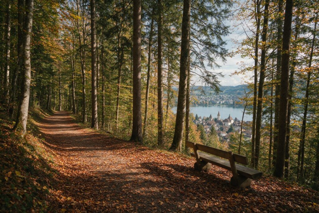 Waldweg mit Herbstlaub und Holzbank, durch die Bäume Blick auf See und Stadt