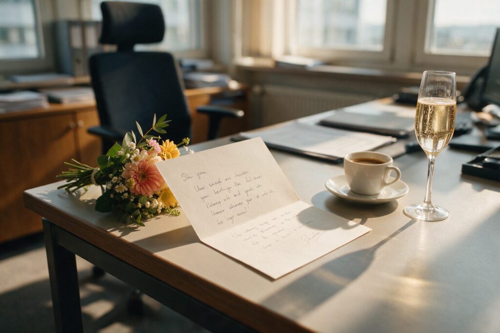 Handgeschriebene Abschiedskarte mit Blumen, Kaffee und einem Glas Prosecco auf einem B&uuml;ropult