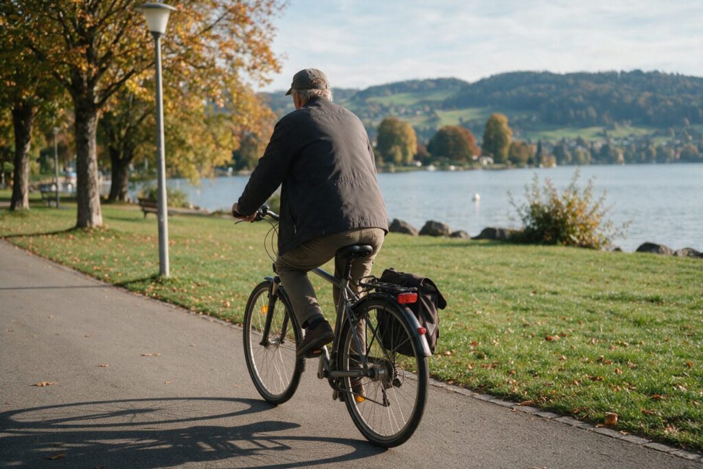 &Auml;lterer Mann f&auml;hrt an einem Herbstmorgen mit dem Velo auf einem Uferweg am See