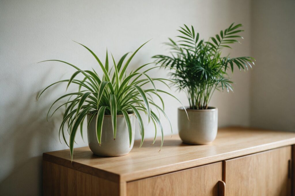 Gr&uuml;nlilie und Bergpalme in Keramikt&ouml;pfen auf einem hellen Holzm&ouml;bel