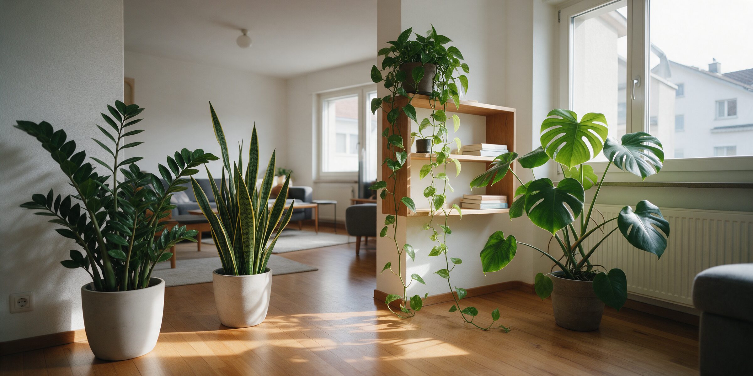 Helles Wohnzimmer mit pflegeleichten Zimmerpflanzen wie Monstera, Efeutute und Bogenhanf