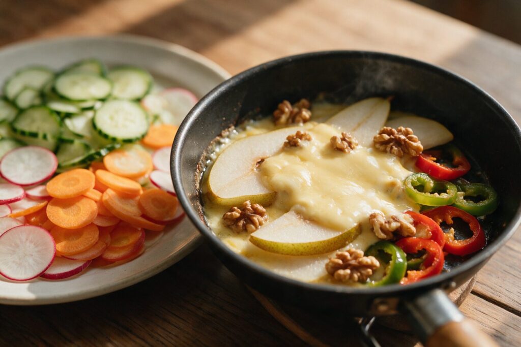 Raclette-Pfännli mit geschmolzenem Käse über Birnen, Baumnüssen und Peperoni