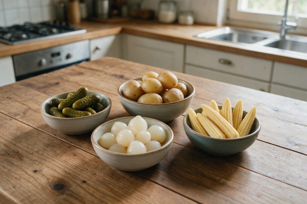 Schälchen mit Cornichons, Silberzwiebeln und Maiskölbchen neben Kartoffeln in der Schale