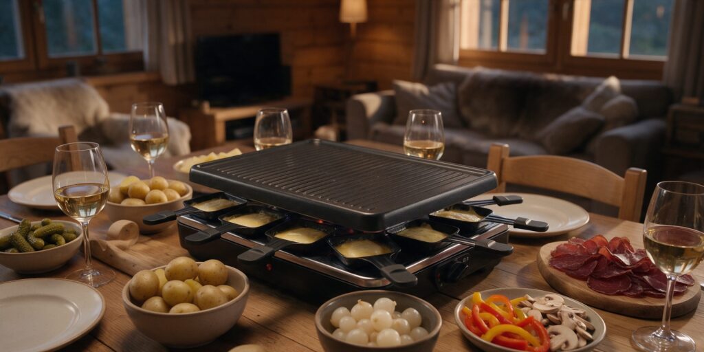 Gedeckter Tisch mit Raclette-Gerät, Gschwellti, Cornichons, Gemüse und Trockenfleisch in einer Holzstube